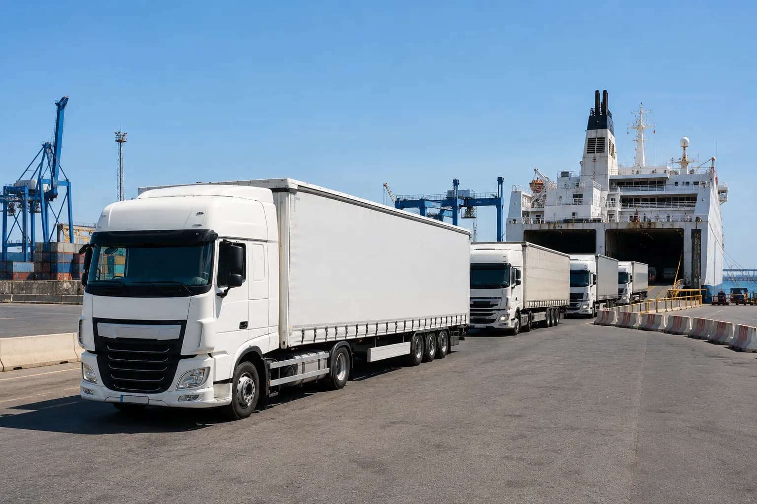 KI-generierte Illustration: Sattelzüge werden im Hafen auf eine Fähre verladen, Containerkräne im Hintergrund